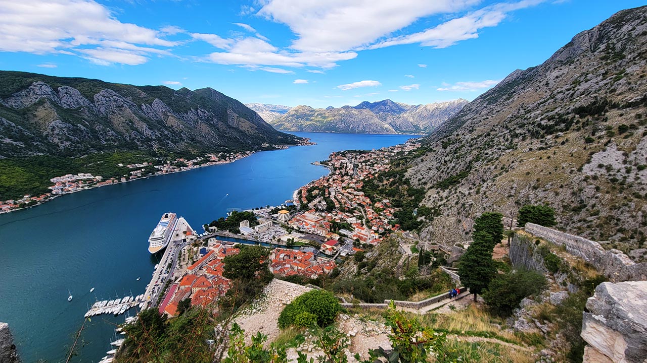 Kotor Old Town and fortress walls from above