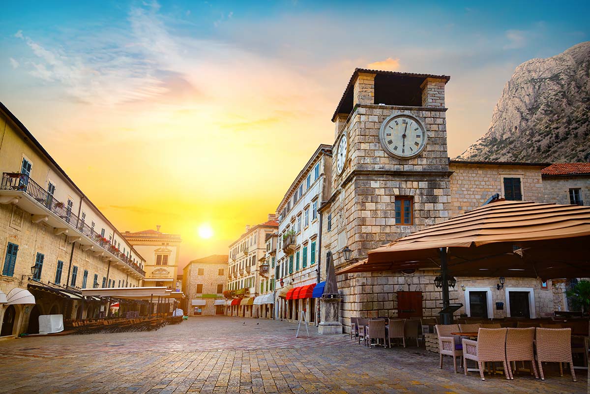 Kotor Old Town square and clock tower at sunrise