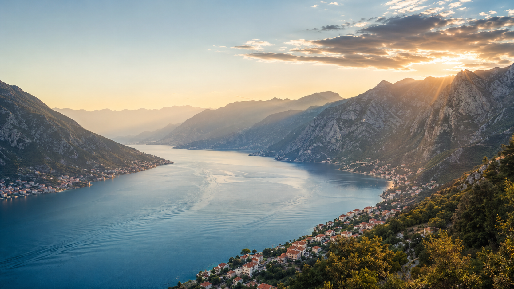 Kotor Bay panorama from the mountains at golden hour
