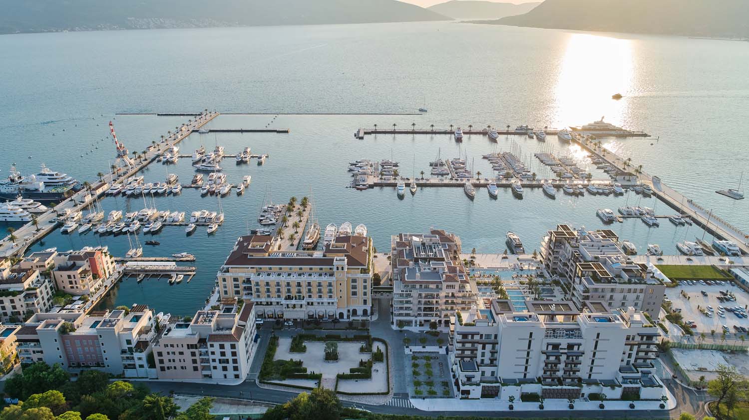 Porto Montenegro marina aerial view in the morning